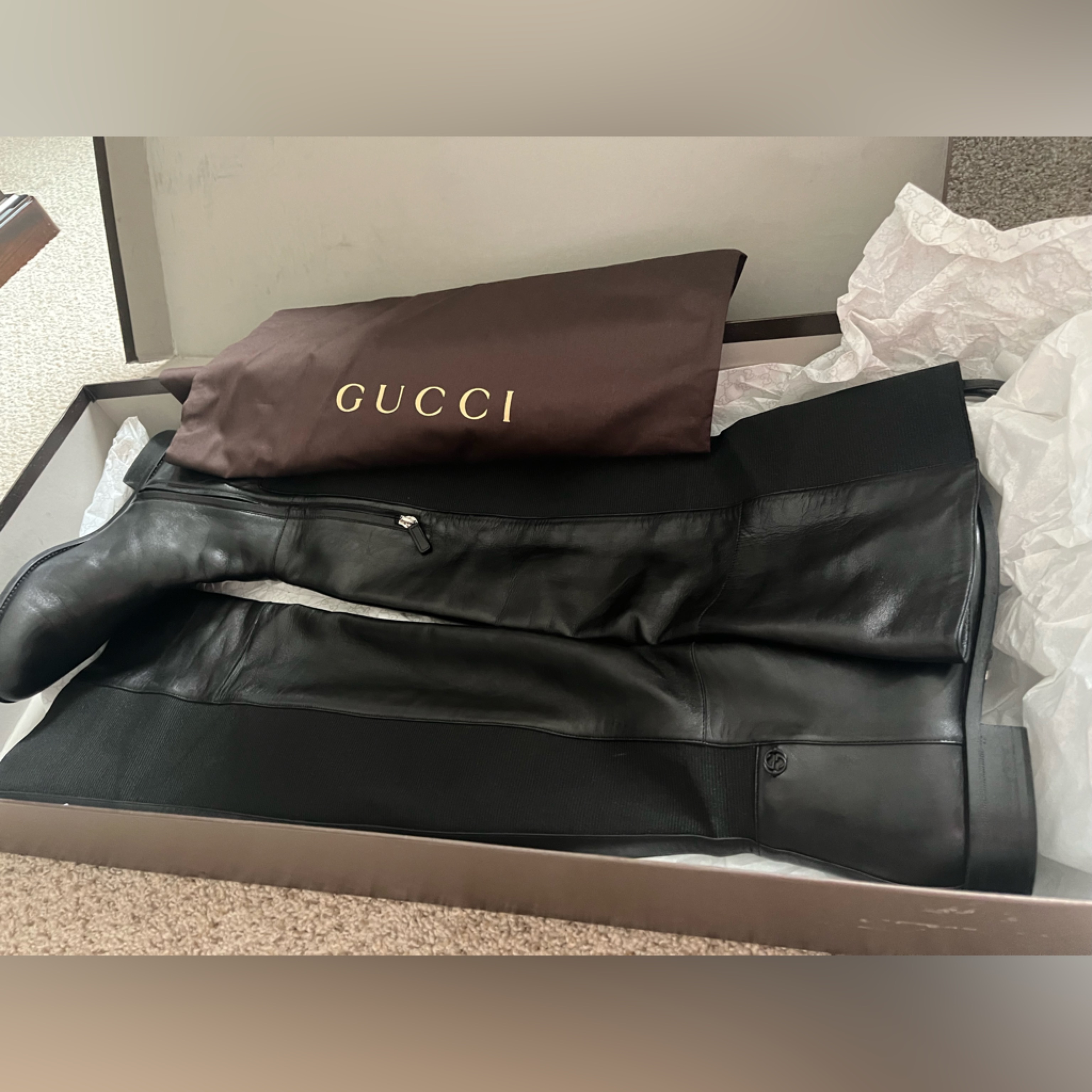 Beautiful Over The Knee Gucci Genuine Leather Black Boots